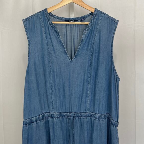 LANDS' END Tiered Midi Dress Sleeveless V Neck Lyocell Chambray Denim Blue XXL - Picture 4 of 7